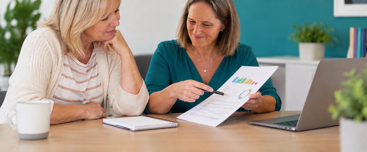 Kathleen Cornmell going through blood test results with a client