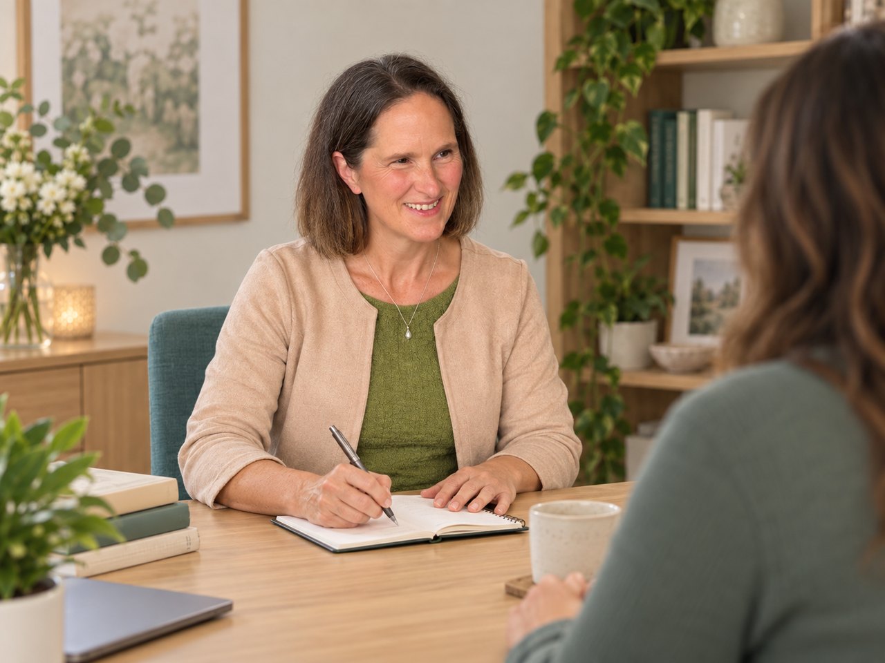 Kathleen Cornmell writing a client&rsquo;s personal health plan during a consultation