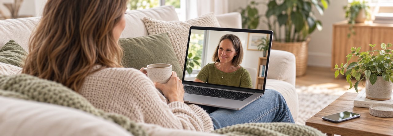 A client at home on a video call with Kathleen Cornmell for an online nutrition consultation